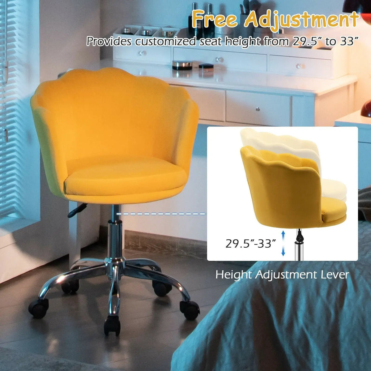 Upholstered Velvet Kids Desk Chair with Wheels and Seashell Back by DirectDeals