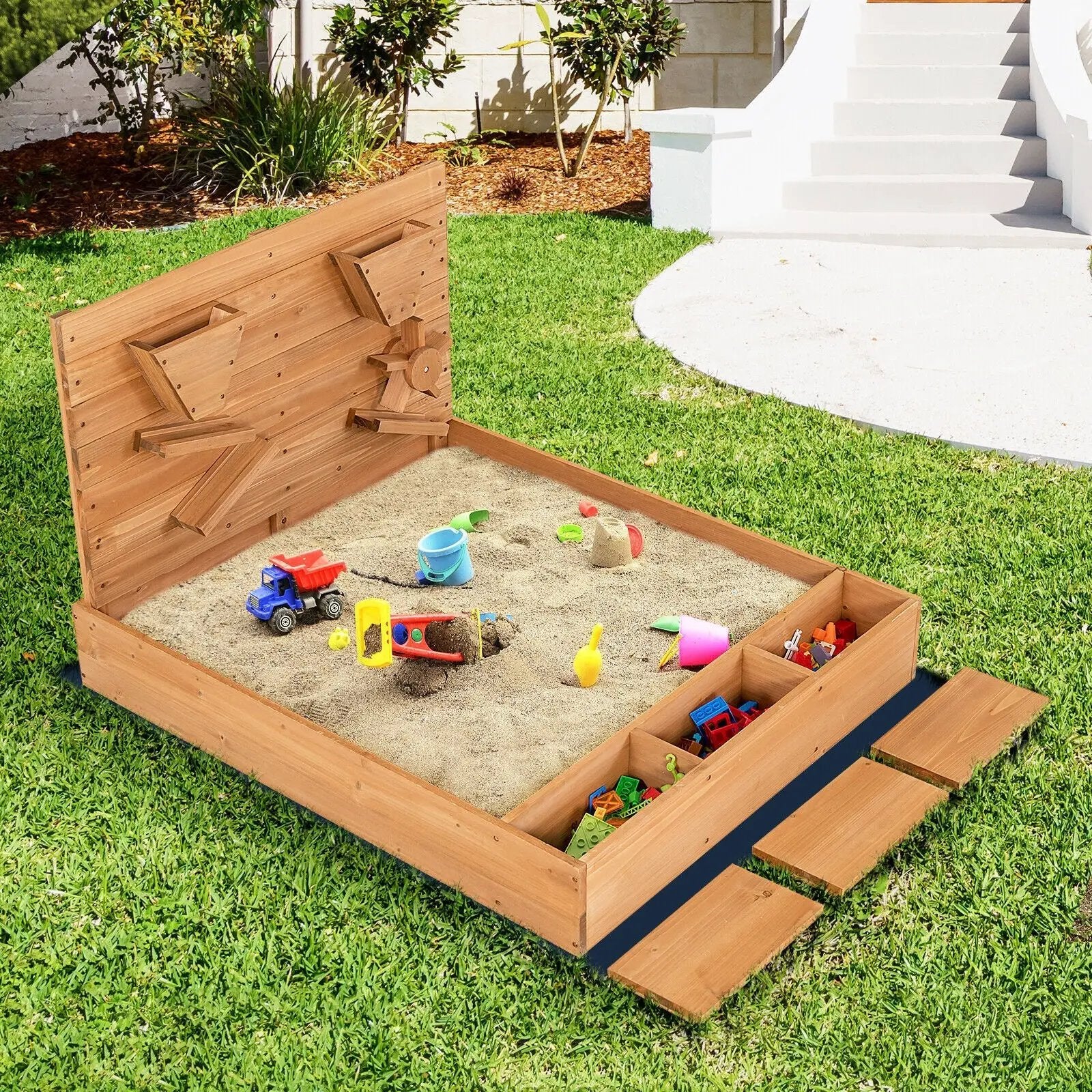 Kids Wooden Square Sandbox with Cover by DirectDeals