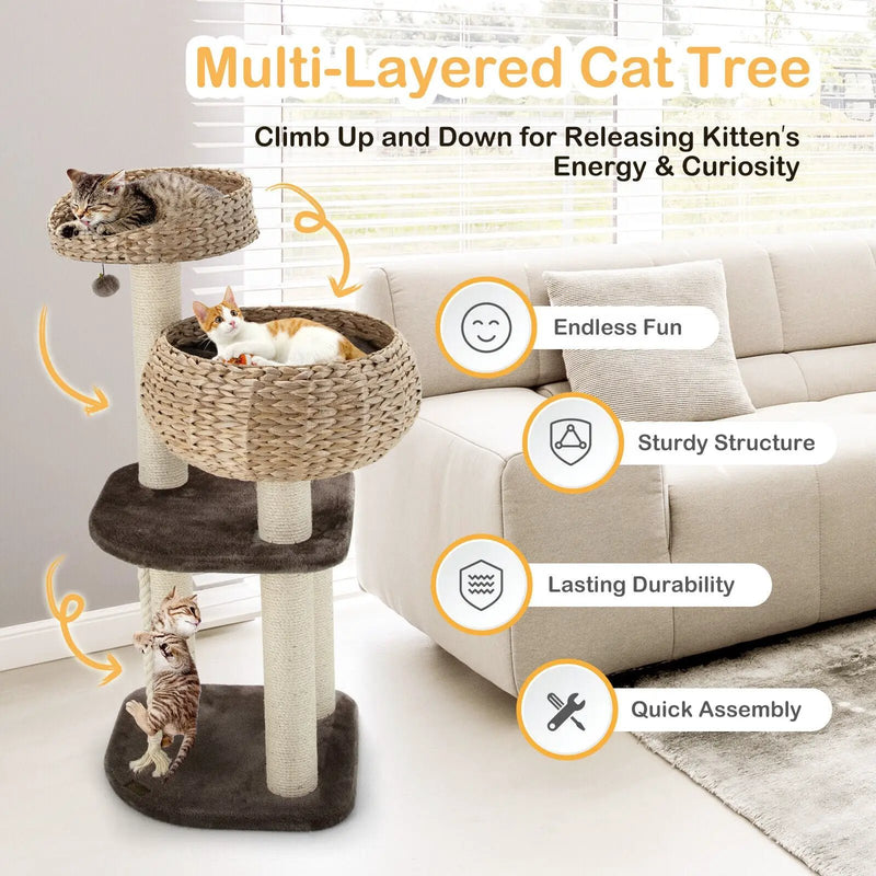 41 Inch Rattan Cat Tree with Napping Perch by DirectDeals