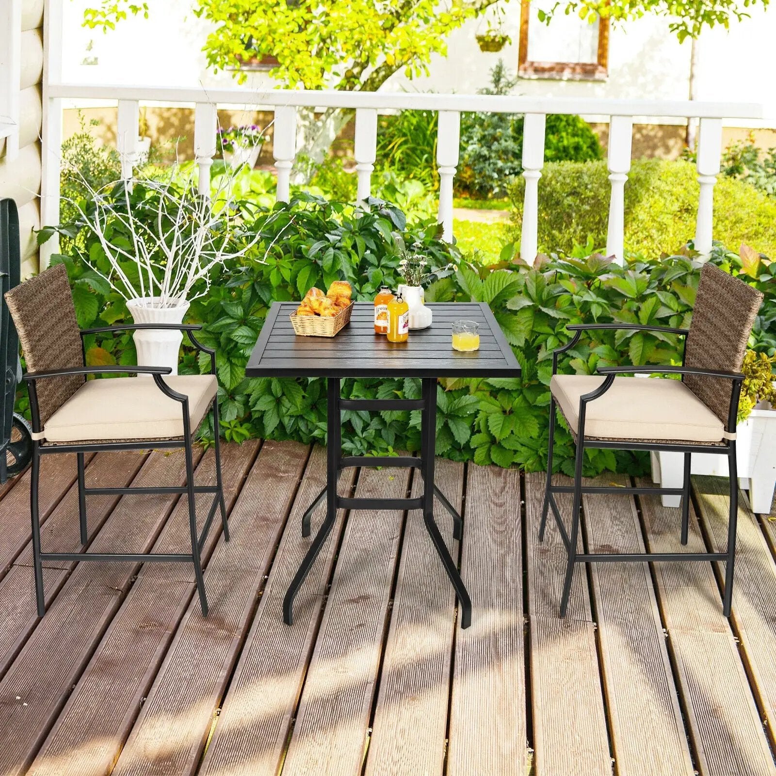 Patio Rattan Bar Stools Set of 4 with Soft Cushions by DirectDeals
