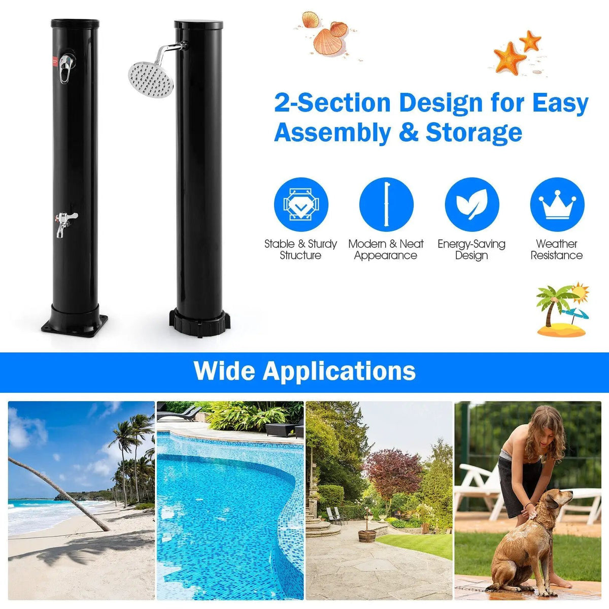 7.2 Feet Solar-Heated Outdoor Shower with Free-Rotating Shower Head by DirectDeals
