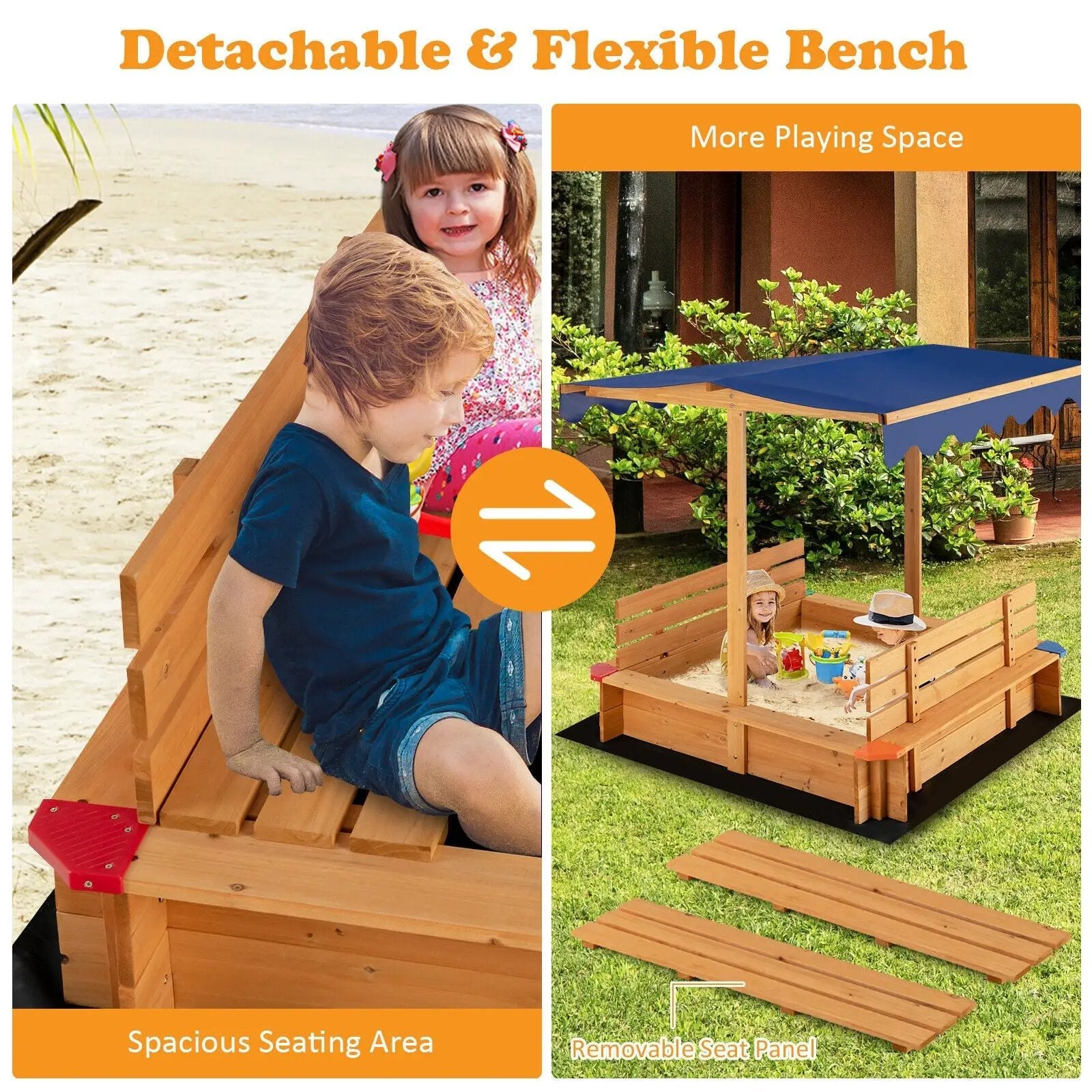 Kids Wooden Sandbox with Canopy and 2 Bench Seats by DirectDeals