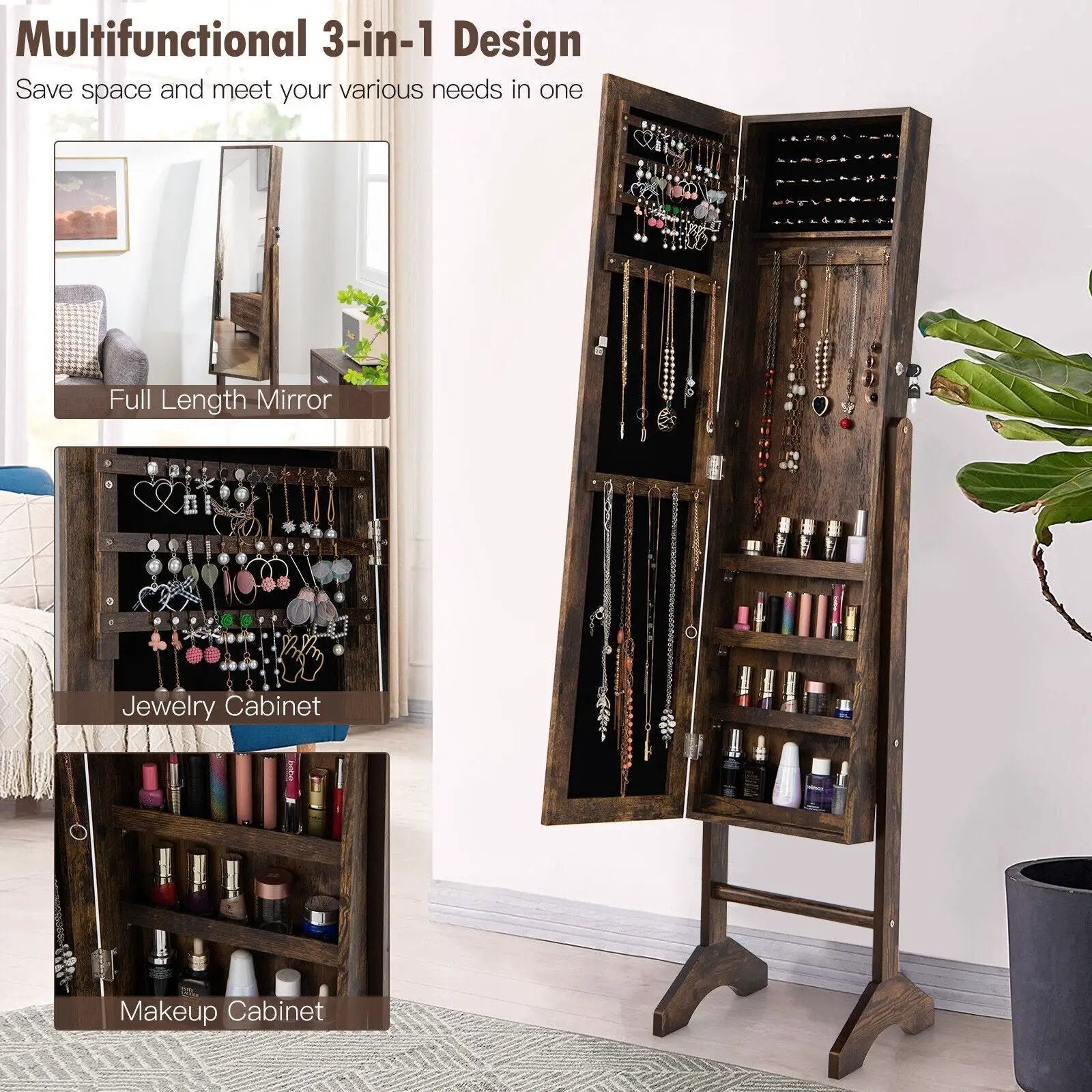 Free-Standing Jewelry Cabinet with Full-Length Mirror and Lockable Door by DirectDeals