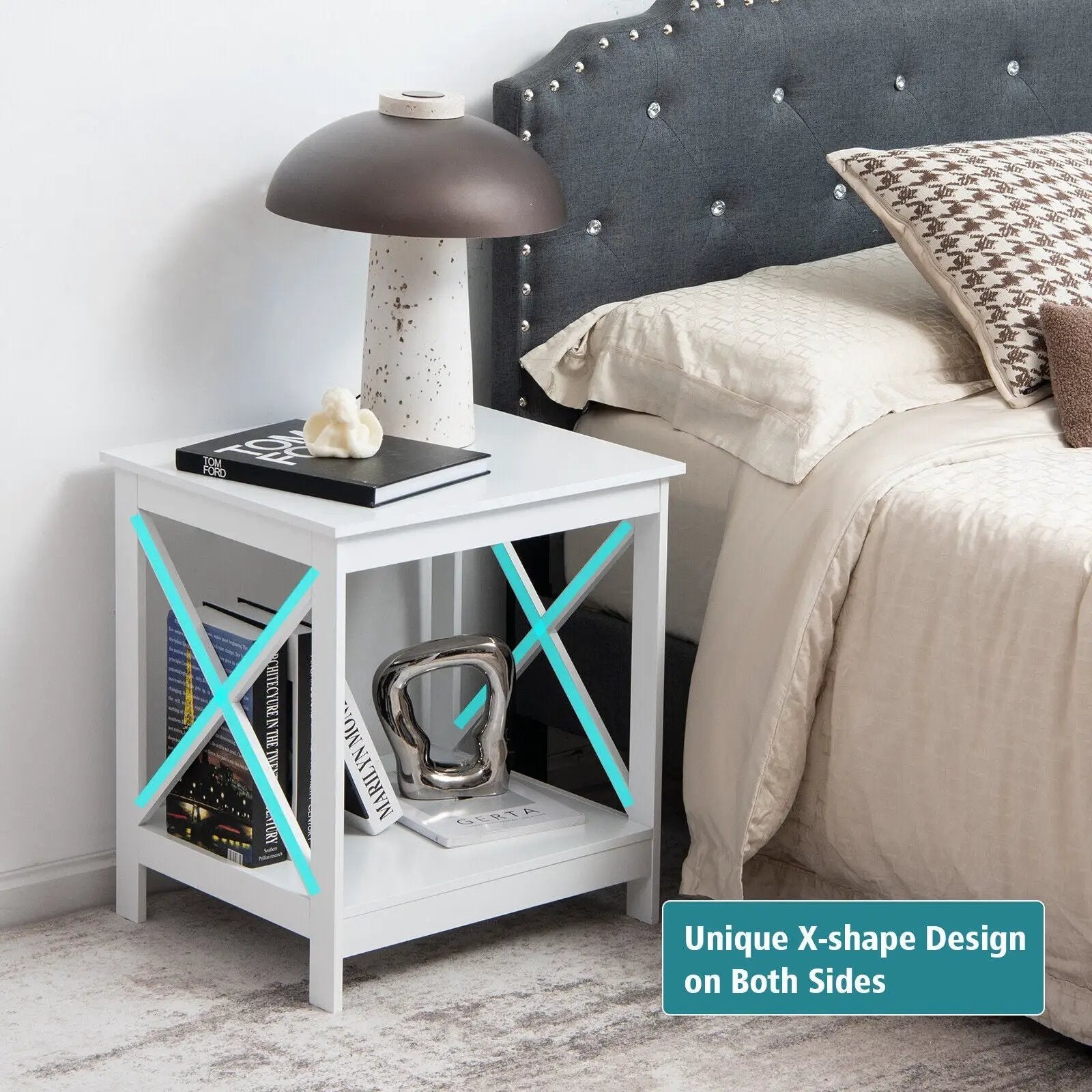 2-Tier Side Table with X-shape Design and 4 Solid Legs by DirectDeals