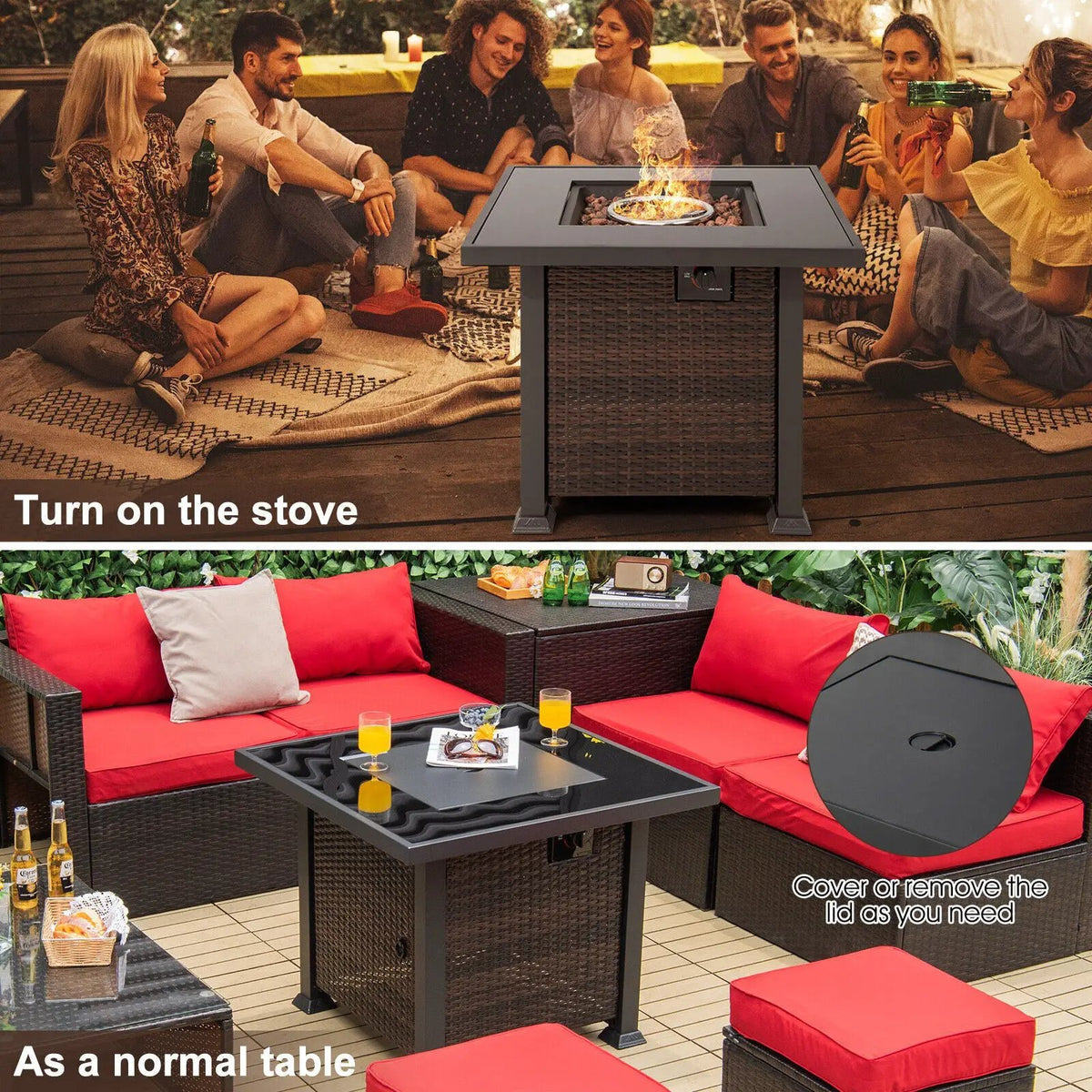 32 Inch Square Propane Fire Pit Table with Lava Rocks Cover by DirectDeals
