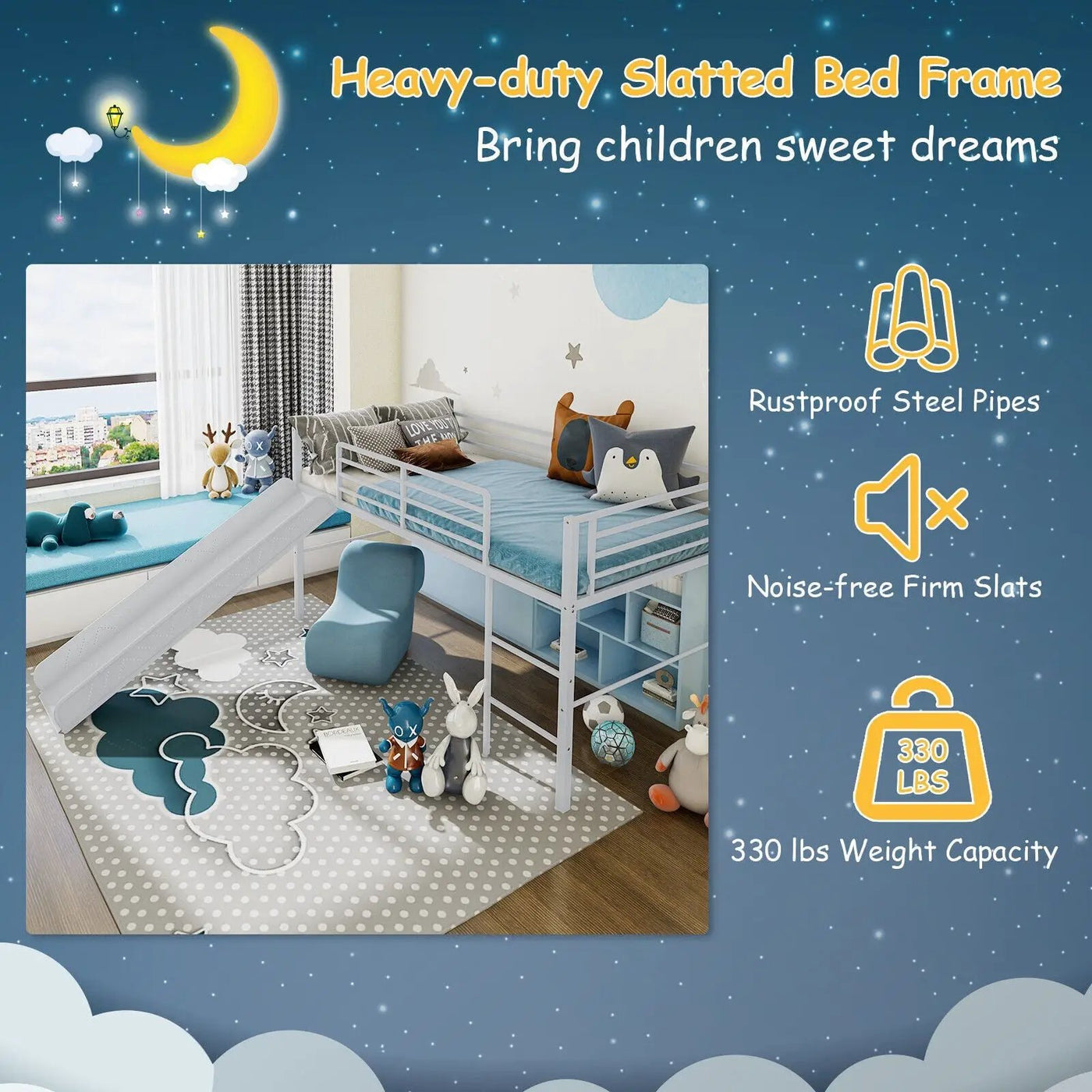 Twin Metal Loft Bed with Slide Safety Guardrails and Built-in Ladder by DirectDeals