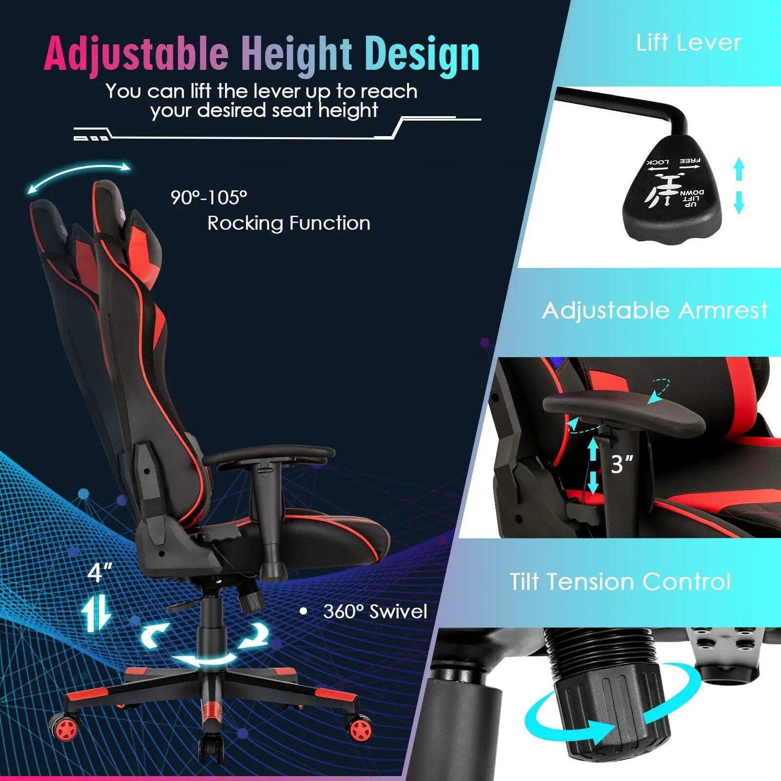 Gaming Chair Adjustable Swivel Computer Chair with Dynamic LED Lights by DirectDeals