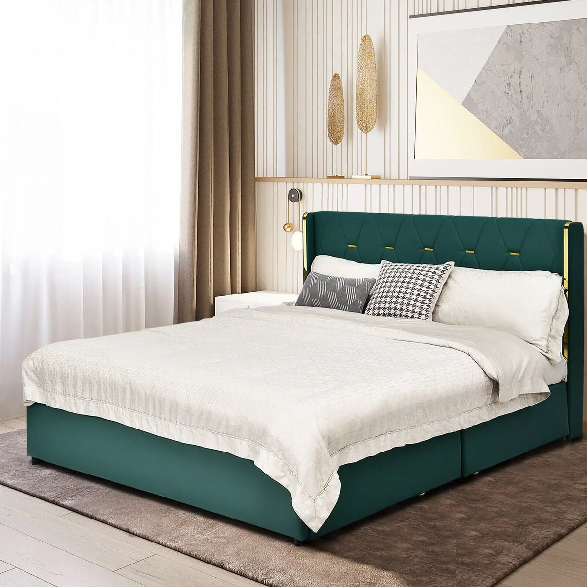 Full/Queen Size Upholstered Bed Frame with 4 Drawers-Green by DirectDeals