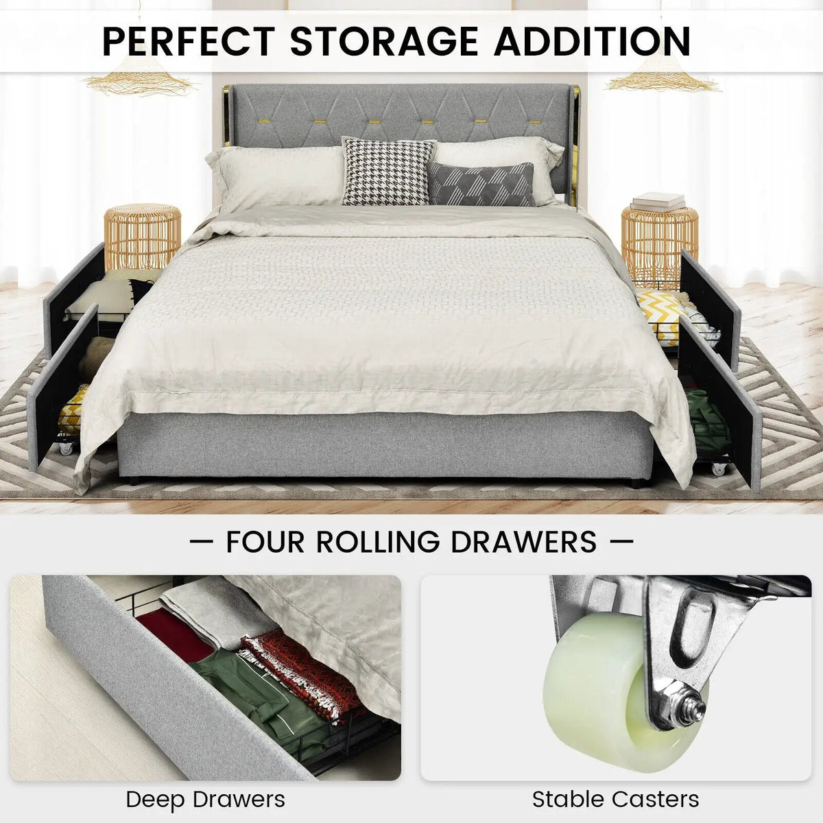 Bed Frame Mattress Foundation with 4 Storage Drawers by DirectDeals
