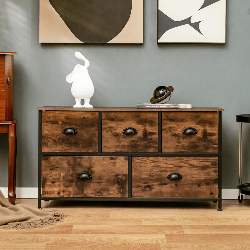 Dresser Organizer with 5 Drawers and Wooden Top-Rustic Brown by DirectDeals