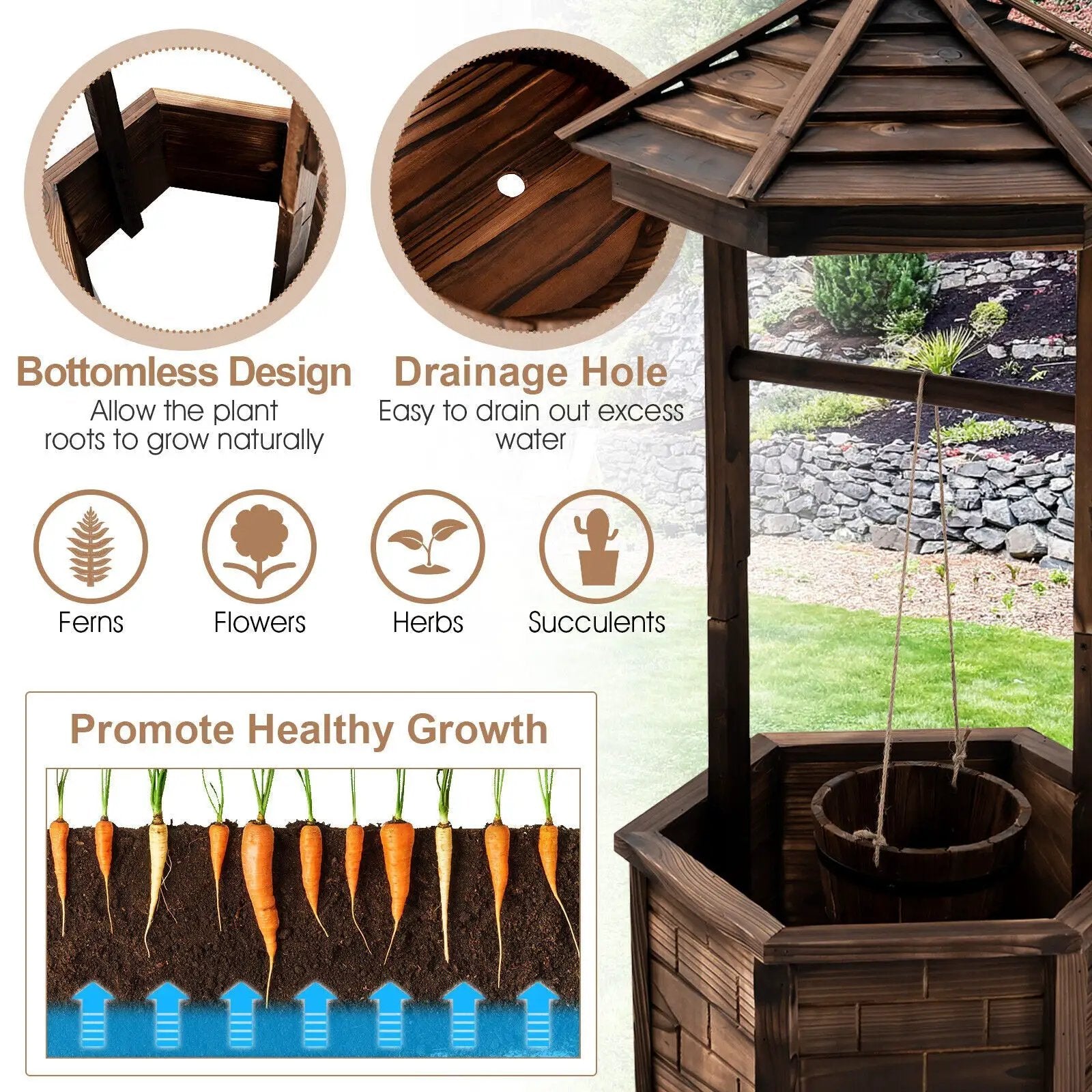 Rustic Wooden Wishing Well with Adjustable Hanging Bucket-Brown by DirectDeals