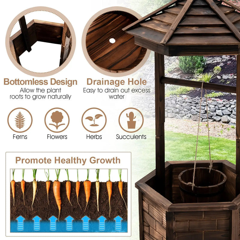 Rustic Wooden Wishing Well with Adjustable Hanging Bucket-Brown by DirectDeals