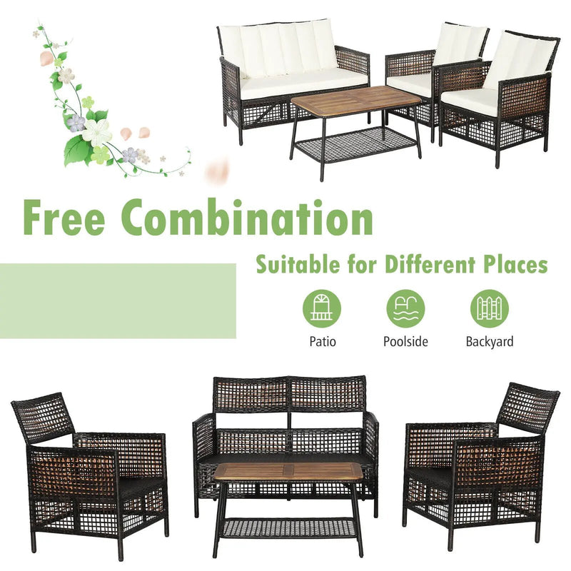4 Pieces Patio Rattan Furniture Set with 2-Tier Coffee Table-White by DirectDeals