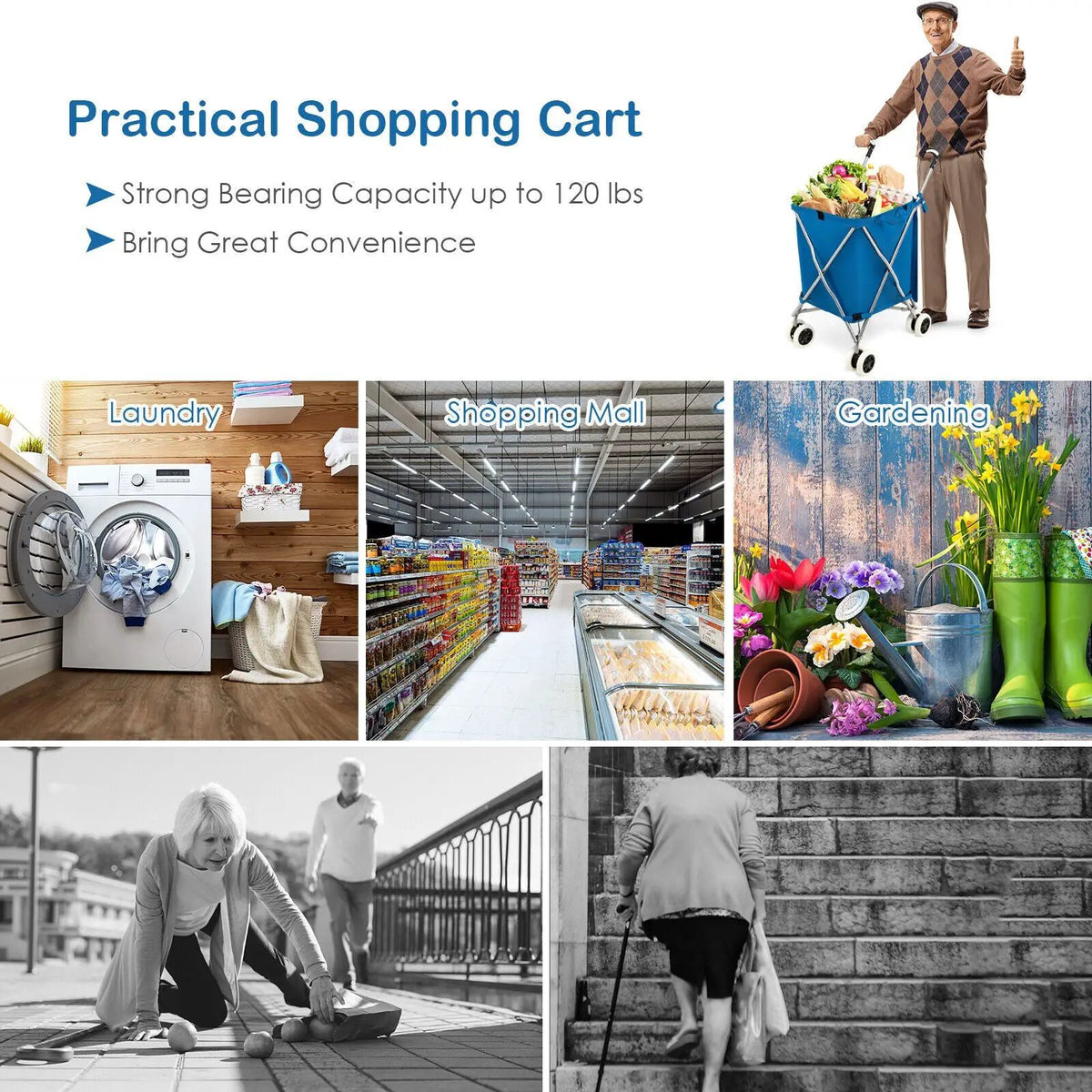 Folding Shopping Utility Cart with Water-Resistant Removable Canvas Bag by DirectDeals