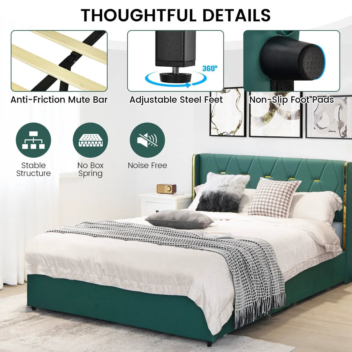 Full/Queen Size Upholstered Bed Frame with 4 Drawers-Green by DirectDeals