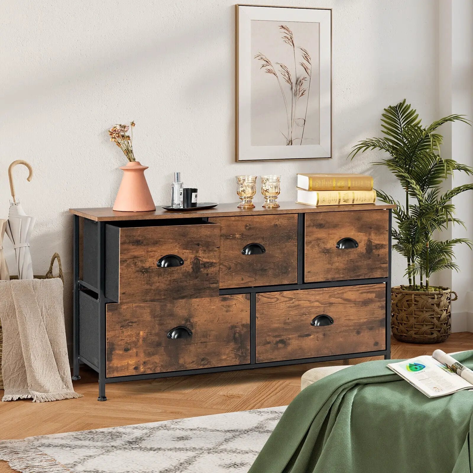 Dresser Organizer with 5 Drawers and Wooden Top-Rustic Brown by DirectDeals