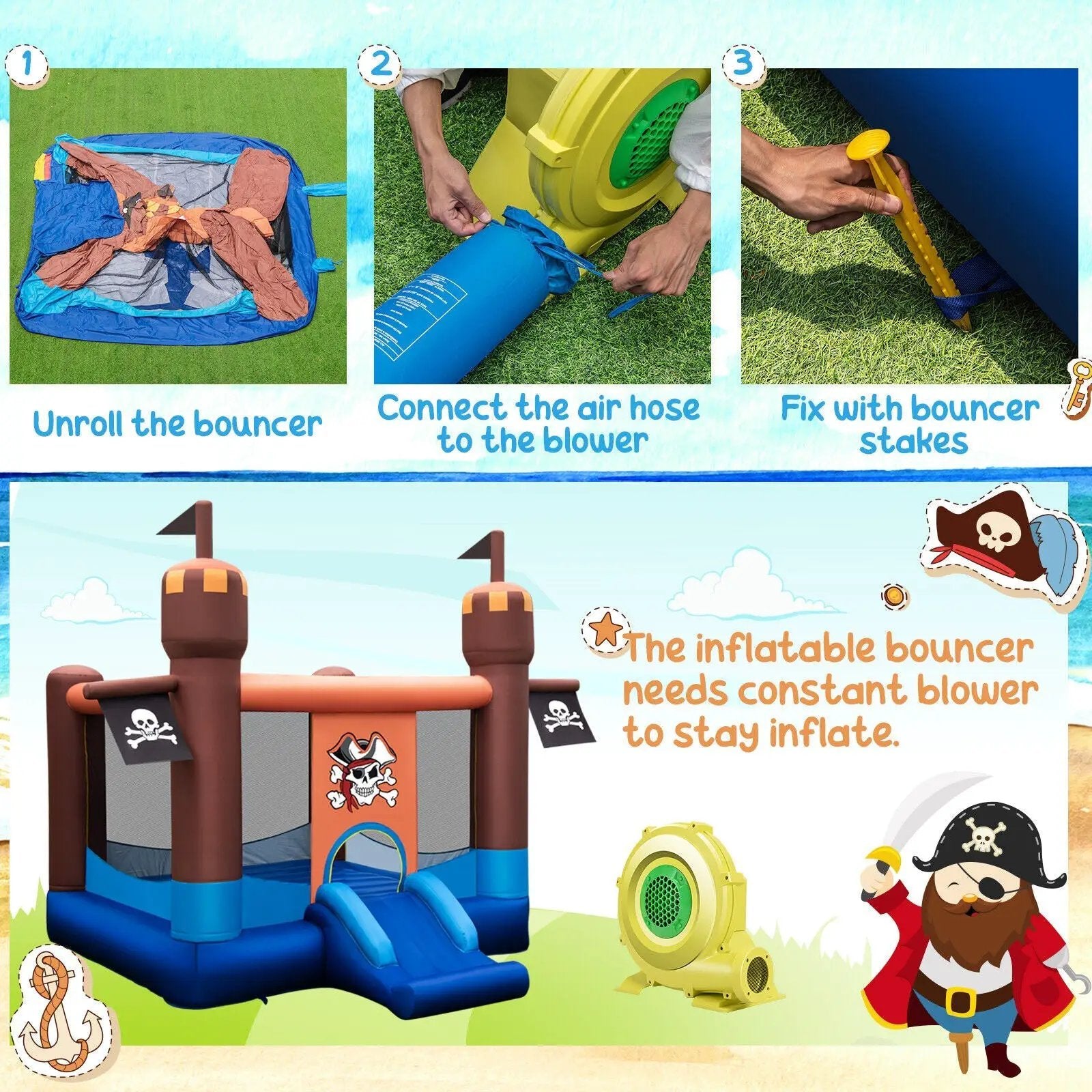 Pirate-Themed Inflatable Bounce Castle with Large Jumping Area and 735W Blower by DirectDeals
