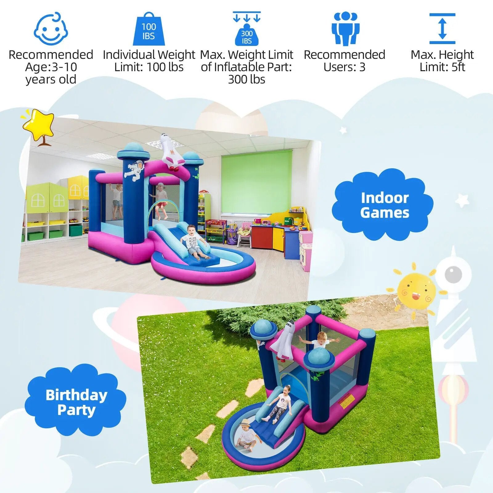 3-in-1 Inflatable Space-themed Bounce House with 480W Blower by DirectDeals