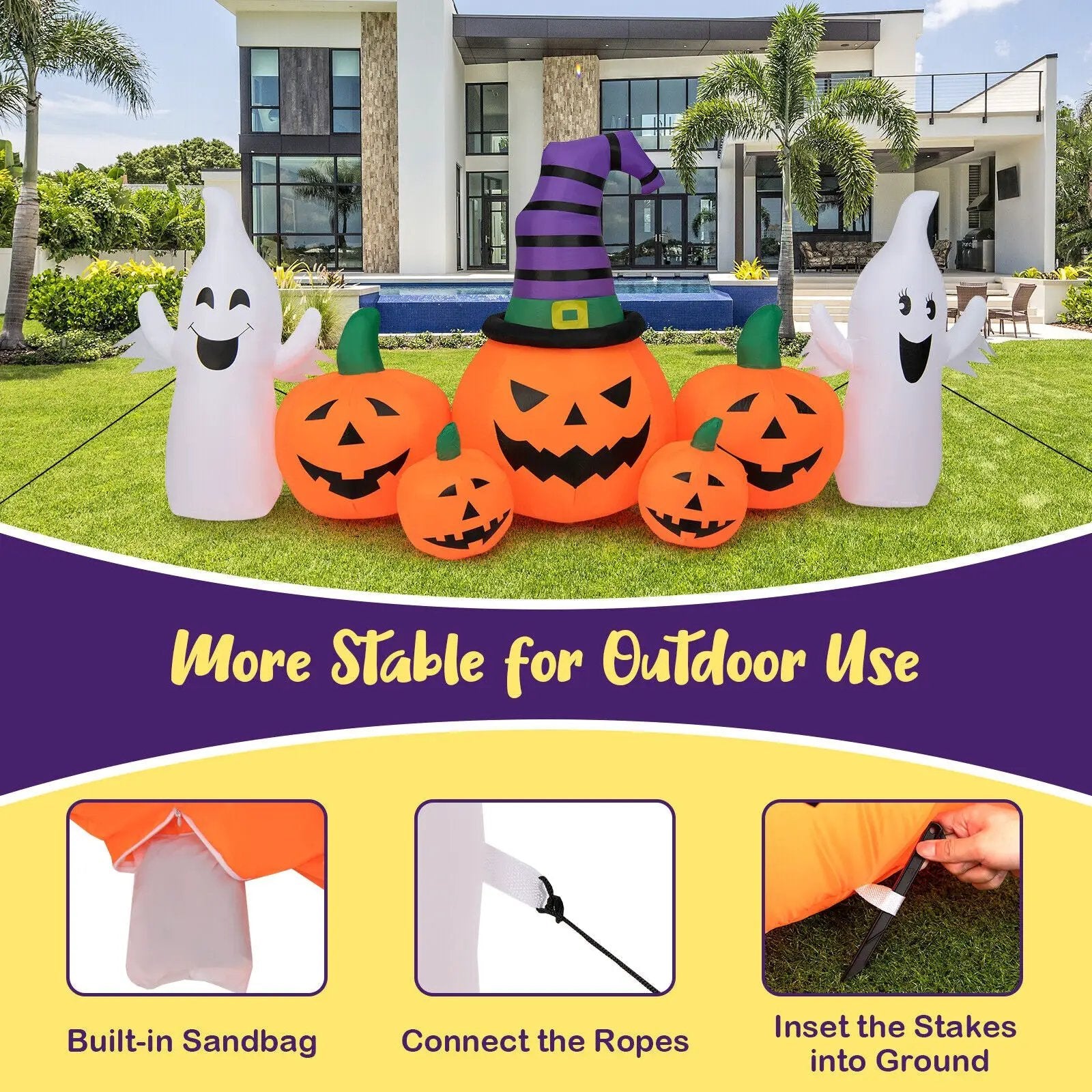 9 Feet Long Halloween Inflatable Pumpkins with 2 Ghosts by DirectDeals