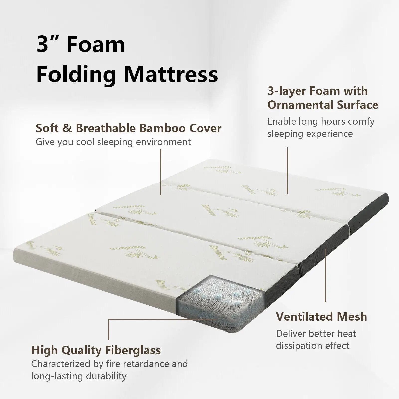 Portable Tri-fold Memory Foam Floor Mattress Topper Portable with Carrying Bag by DirectDeals