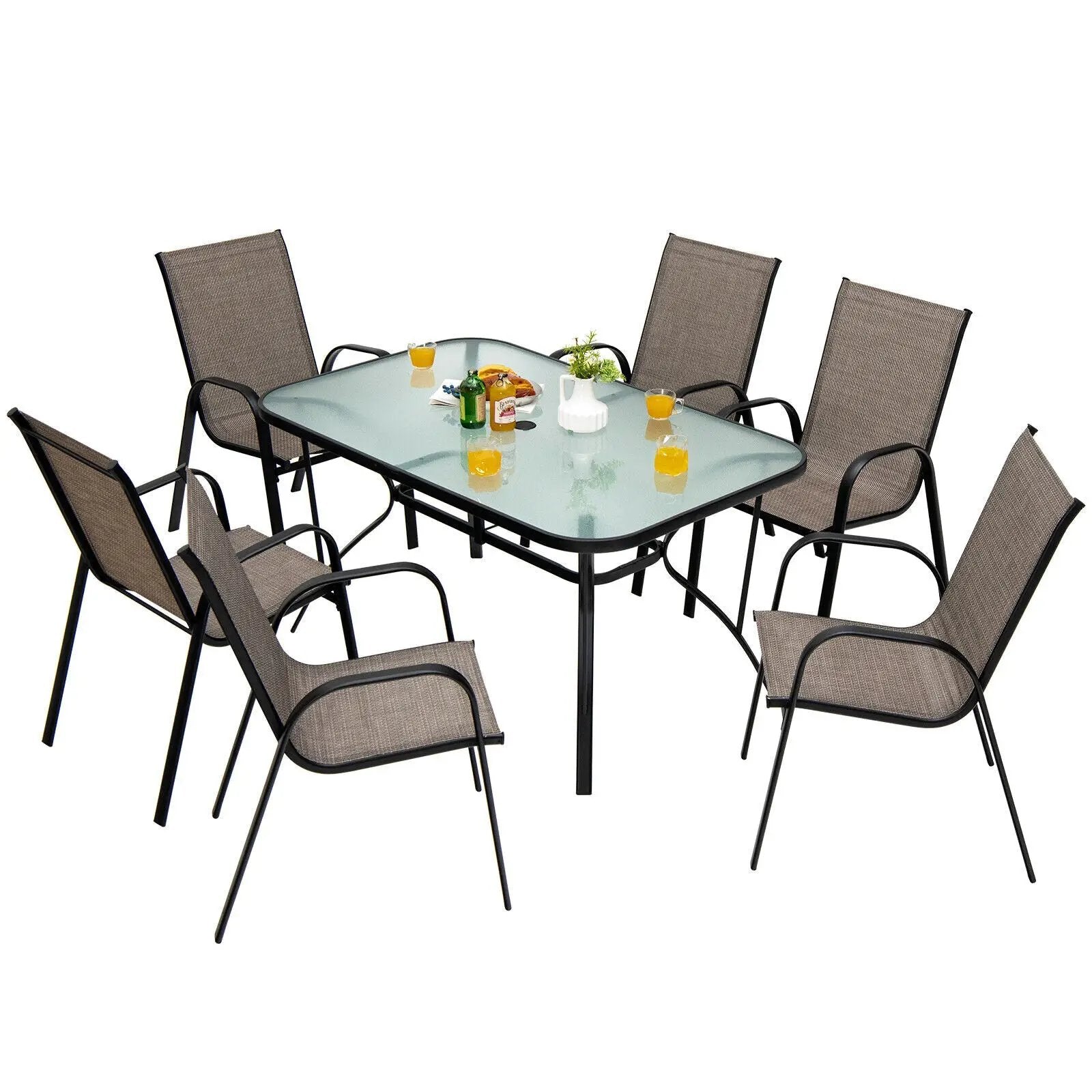 6 Pieces Patio Stackable Dining Chairs with Curved Armrests and Breathable Fabric by DirectDeals