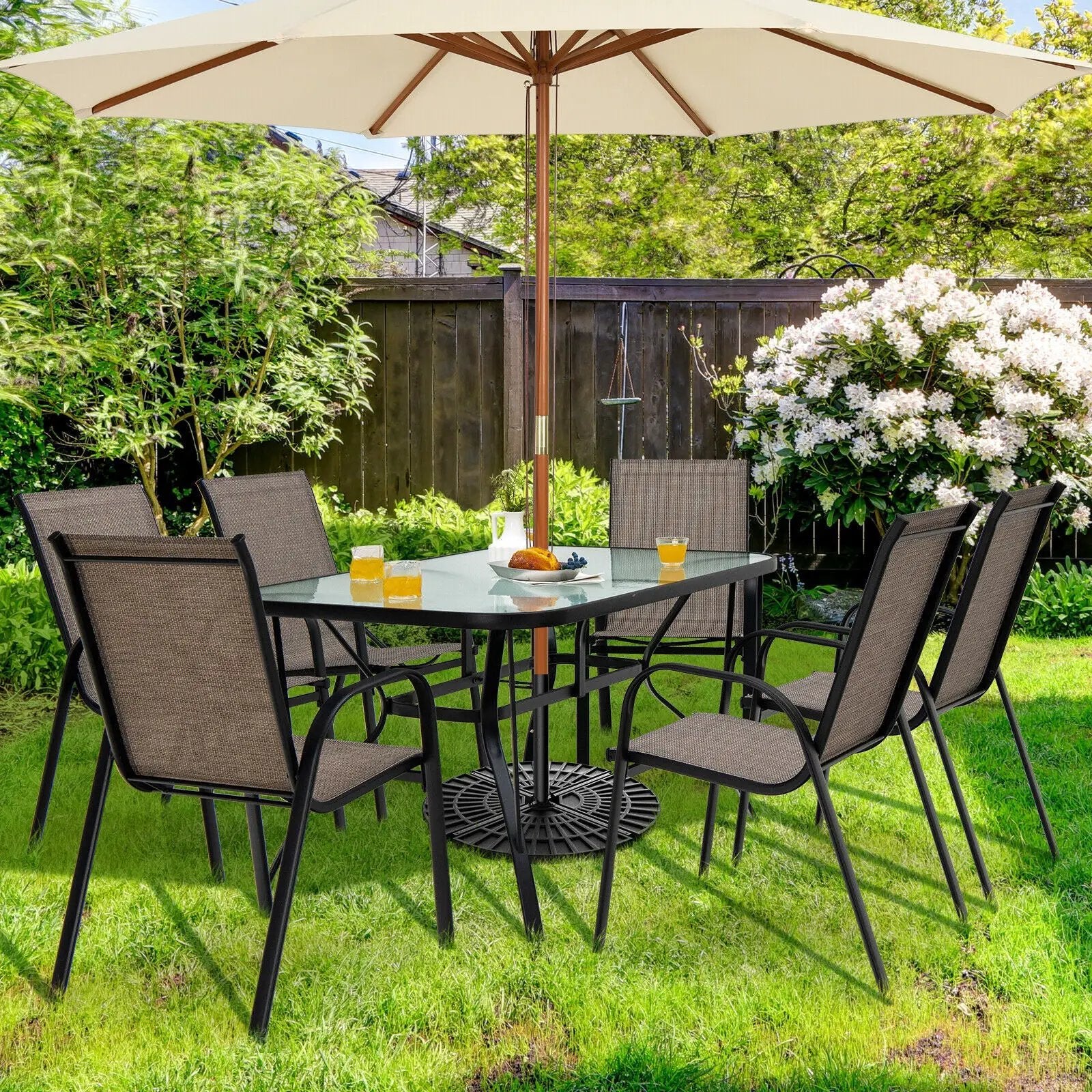 55 x 35 Inch Patio Dining Rectangle Tempered Glass Table with Umbrella Hole by DirectDeals