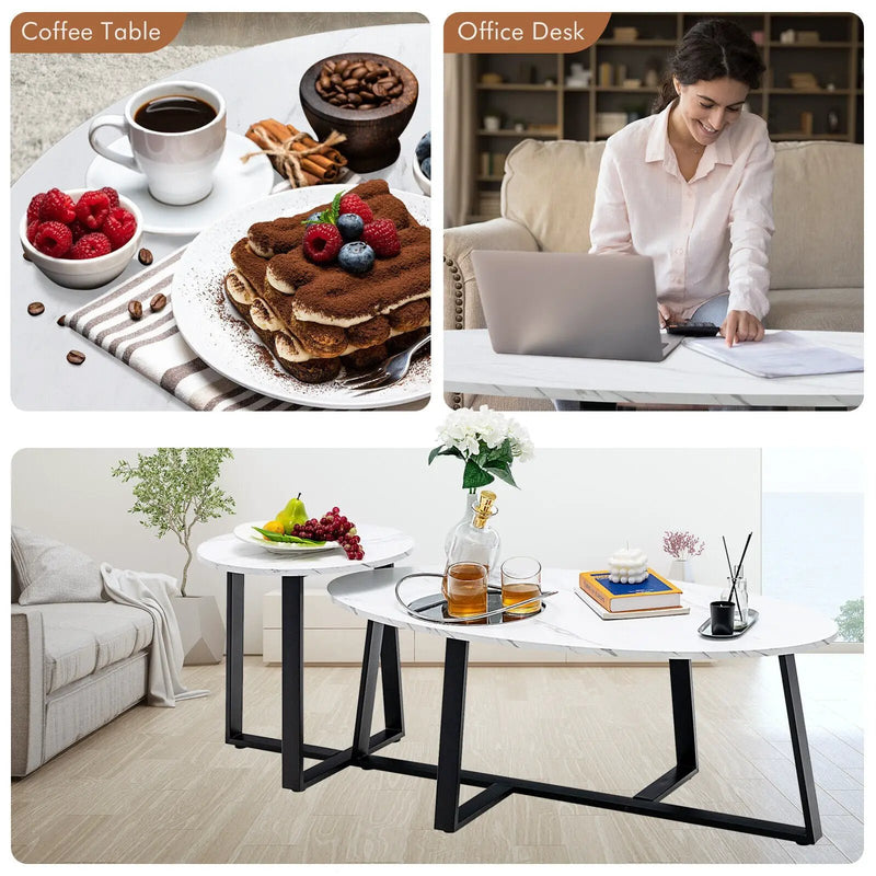 Set of 2 Modern Faux Marble Nesting Coffee Table Set with Oval and Round Table-White by DirectDeals