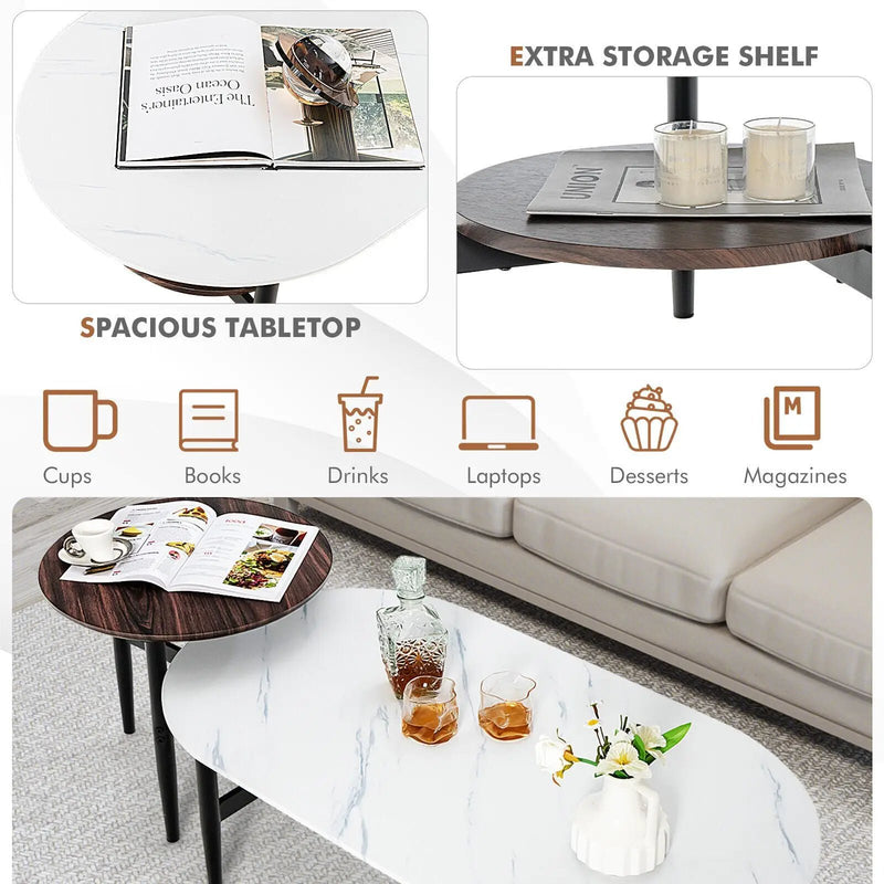 Set of 2 Modern Nesting Coffee Table with Extra Storage Shelf-White by DirectDeals