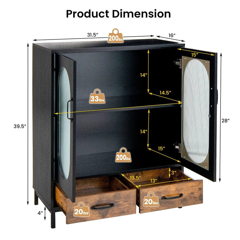 Kitchen Industrial Buffet Sideboard with Tempered Glass Doors-Black by DirectDeals