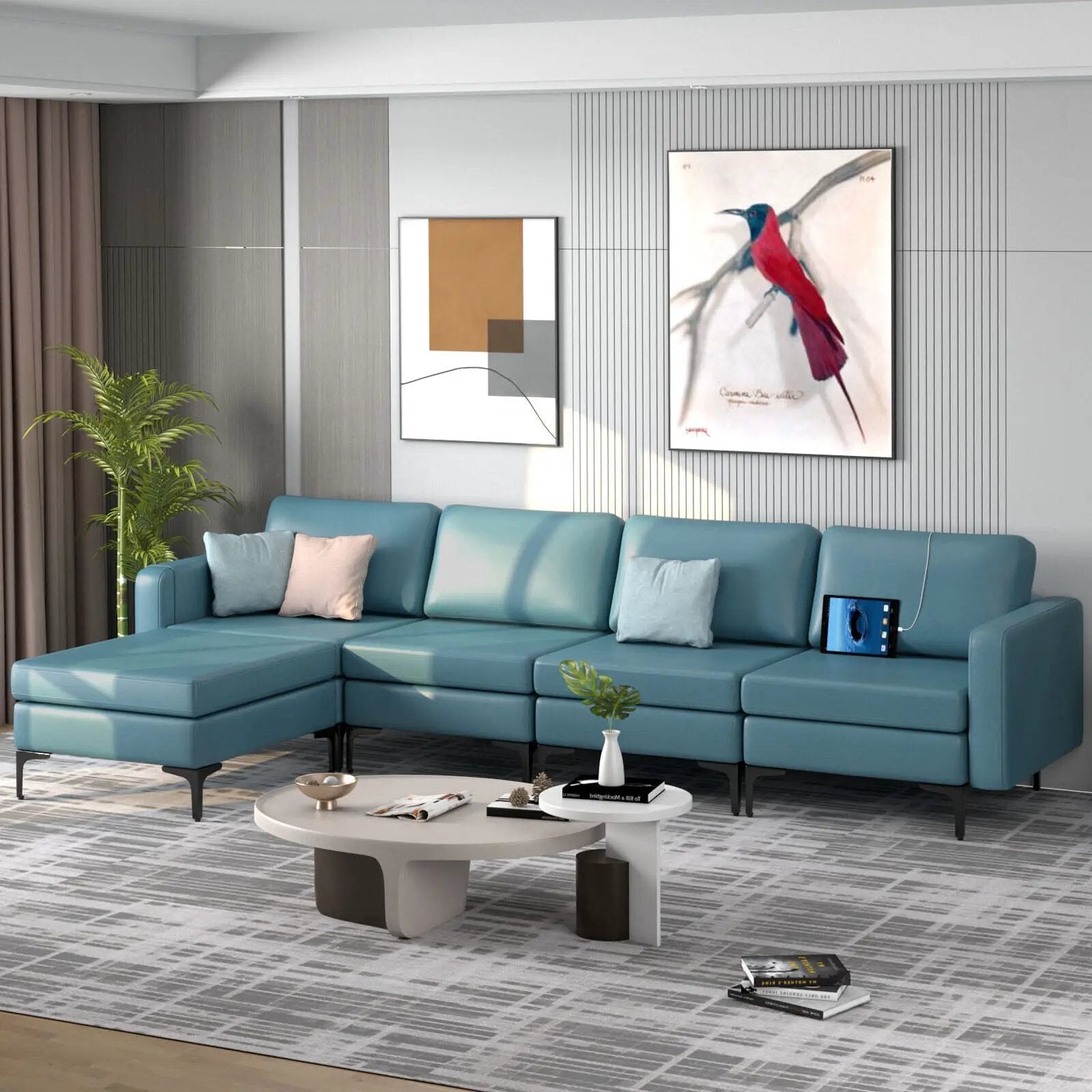 Modular L-shaped Sectional Sofa with Reversible Ottoman and 2 USB Ports by DirectDeals
