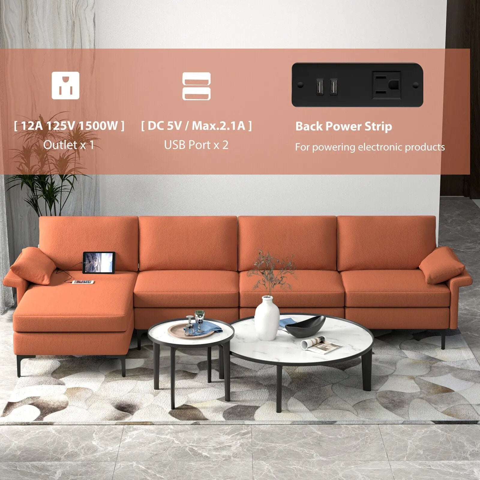 Extra Large L-shaped Sectional Sofa with Reversible Chaise and 2 USB Ports for 4-5 People by DirectDeals
