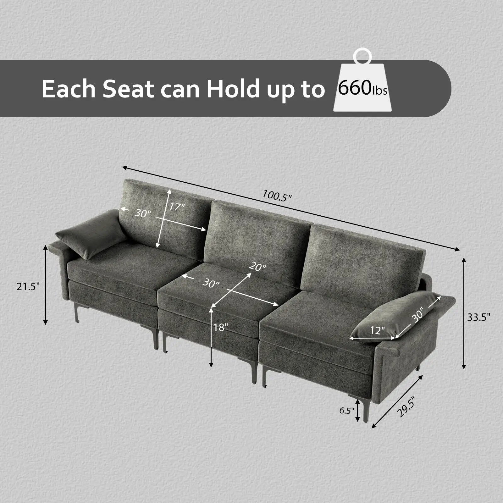 Large 3-Seat Sofa Sectional with Metal Legs for 3-4 people by DirectDeals