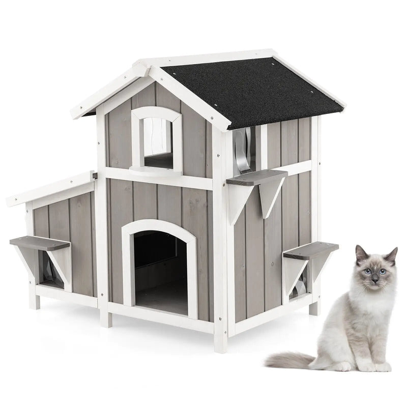 2-Story Outdoor Wooden Feral Cat House with Escape Door-Grey by DirectDeals
