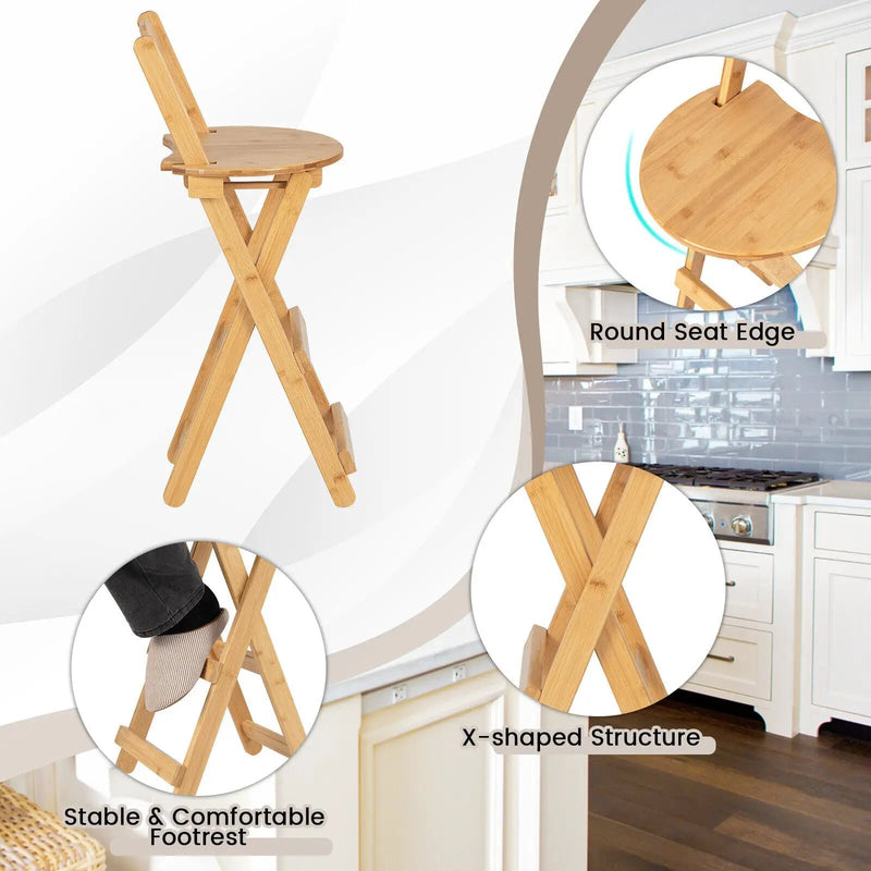 24 Inch Set of 2 Bamboo Folding Barstools with Footrests and Handles-Natural by DirectDeals