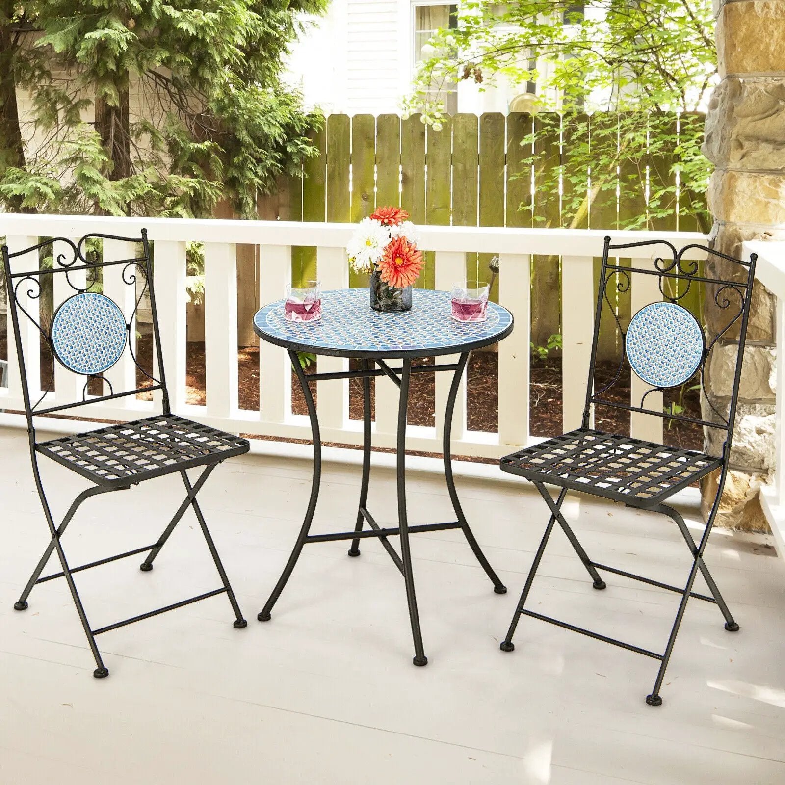 3 Pieces Patio Bistro Set Outdoor Furniture Mosaic Table Chairs by DirectDeals