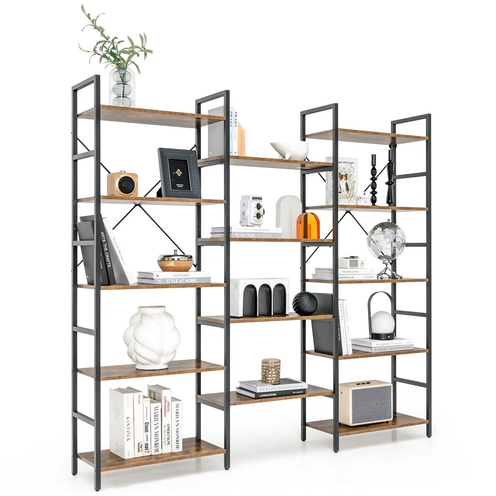 Large Triple Wide Floor Standing Bookcase Display Shelf with Metal Frame-Rustic Brown by DirectDeals
