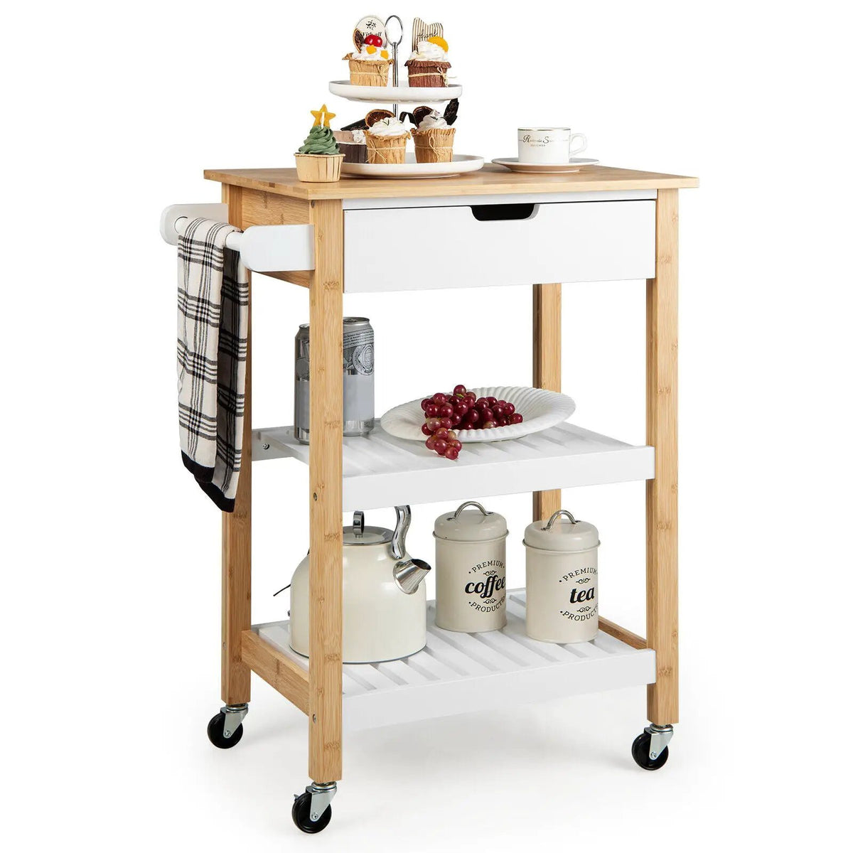 3-Tier Kitchen Island Cart Rolling Service Trolley with Bamboo Top by DirectDeals