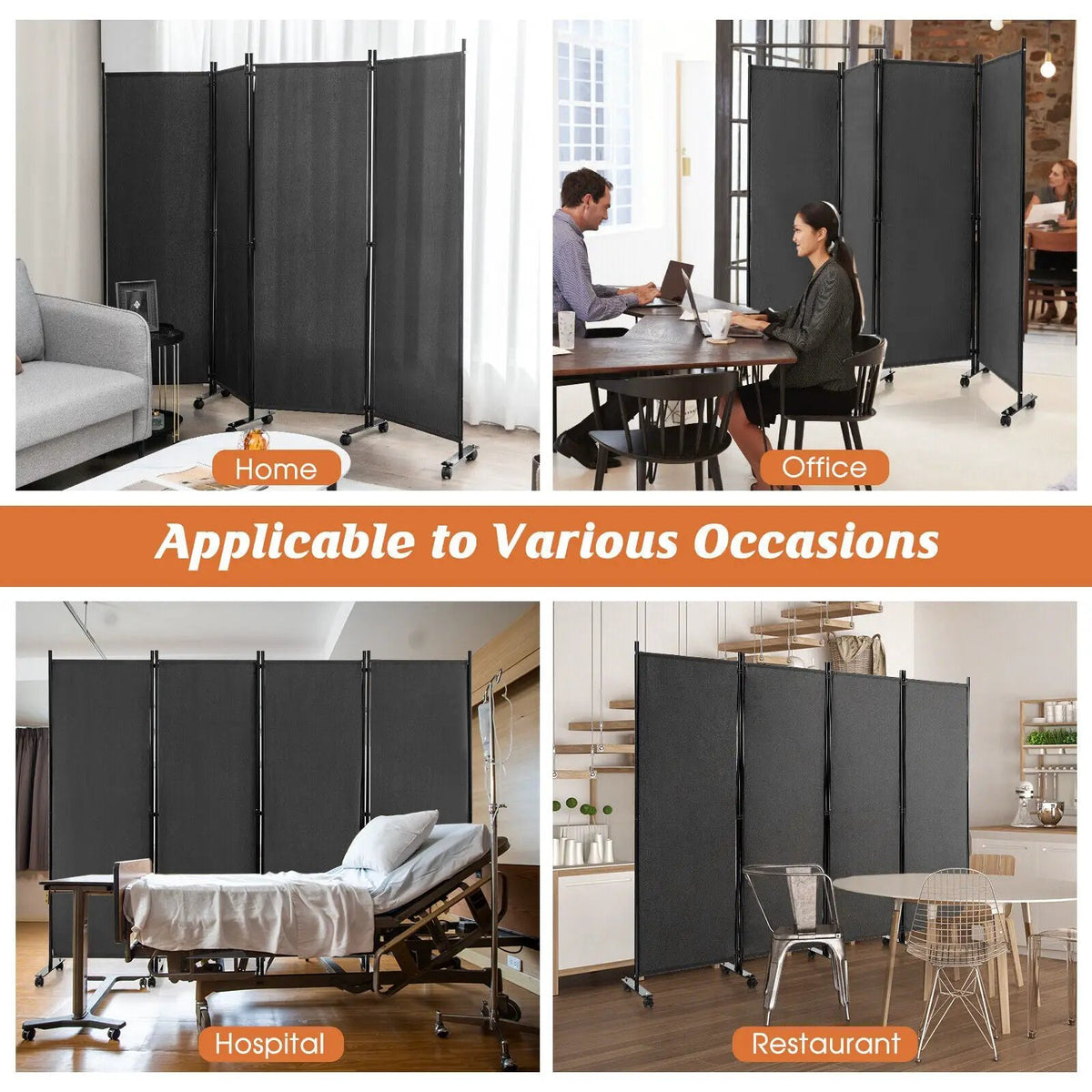 4-Panel Folding Room Divider 6 Feet Rolling Privacy Screen with Lockable Wheels by DirectDeals