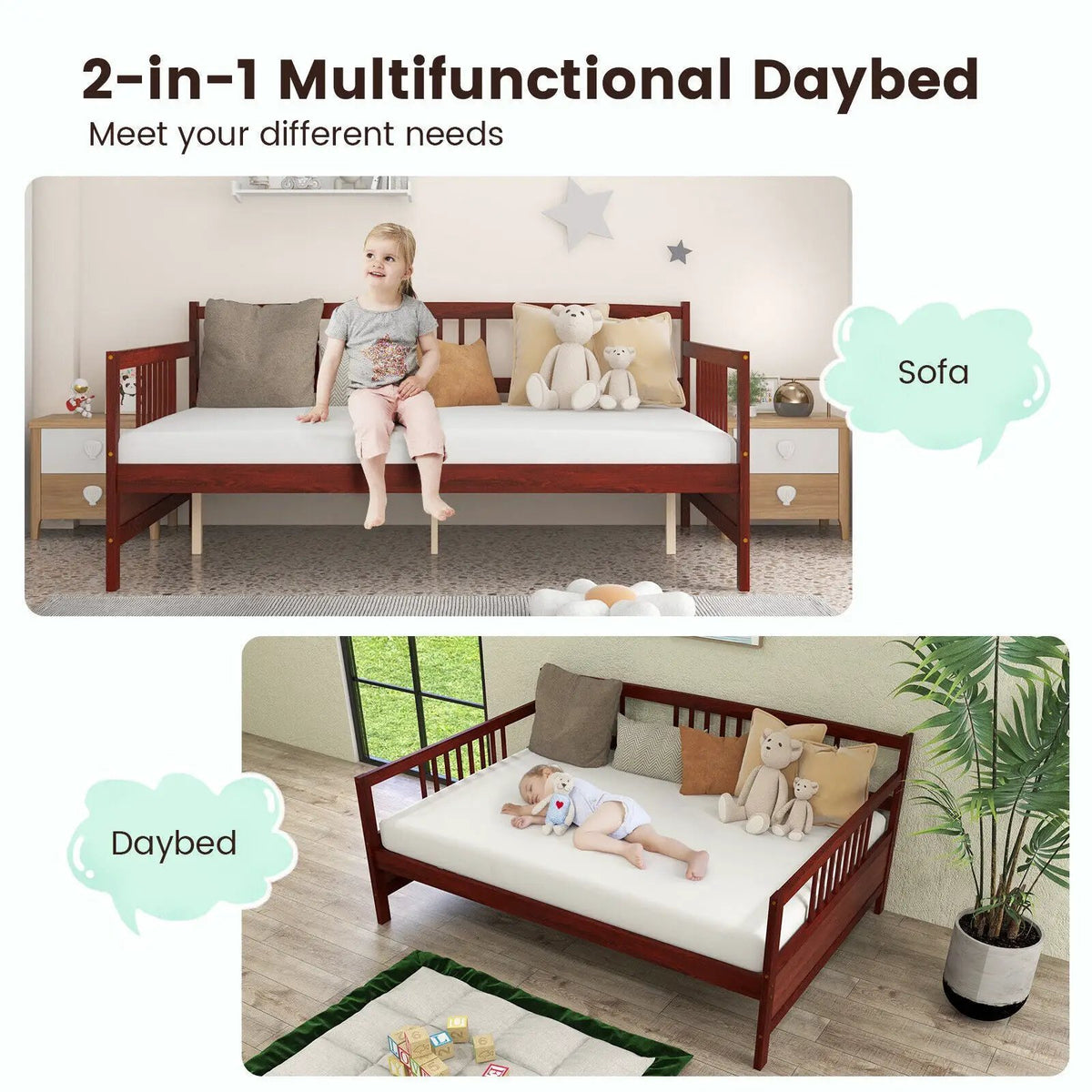 Classic Wooden Full Size Daybed Frame with Guardrails by DirectDeals