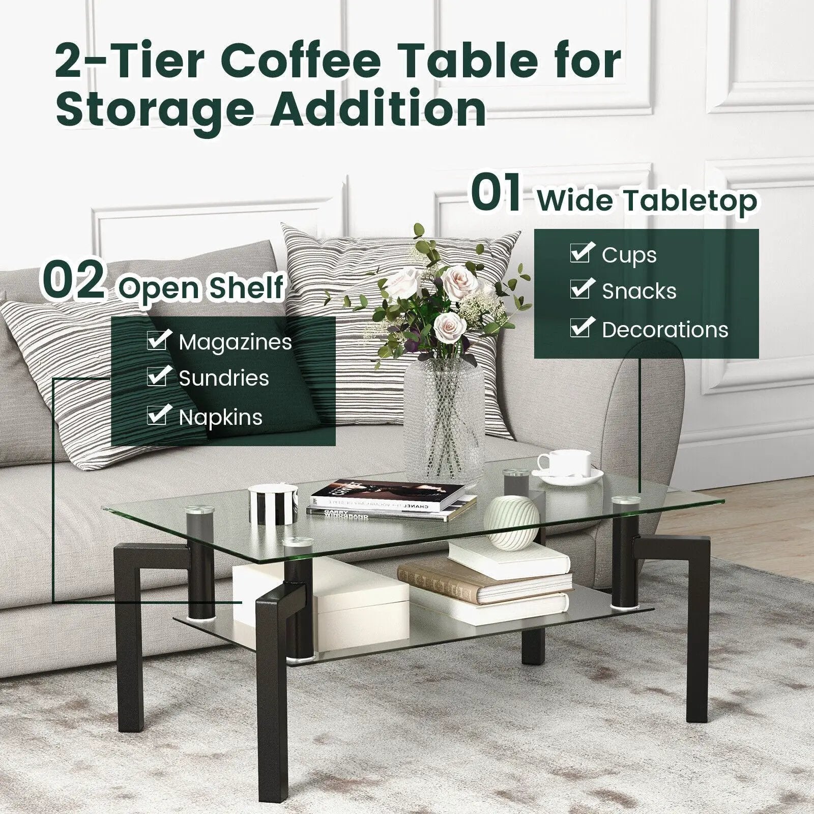 2-Tier Rectangular Glass Coffee Table with Metal Tube Legs-Black by DirectDeals