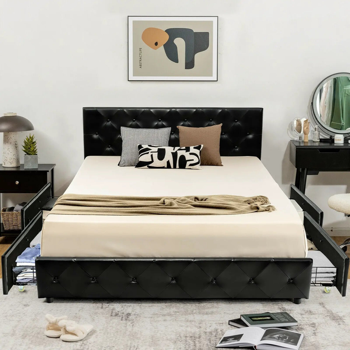 Full/Queen PU Leather Upholstered Platform Bed with 4 Drawers by DirectDeals