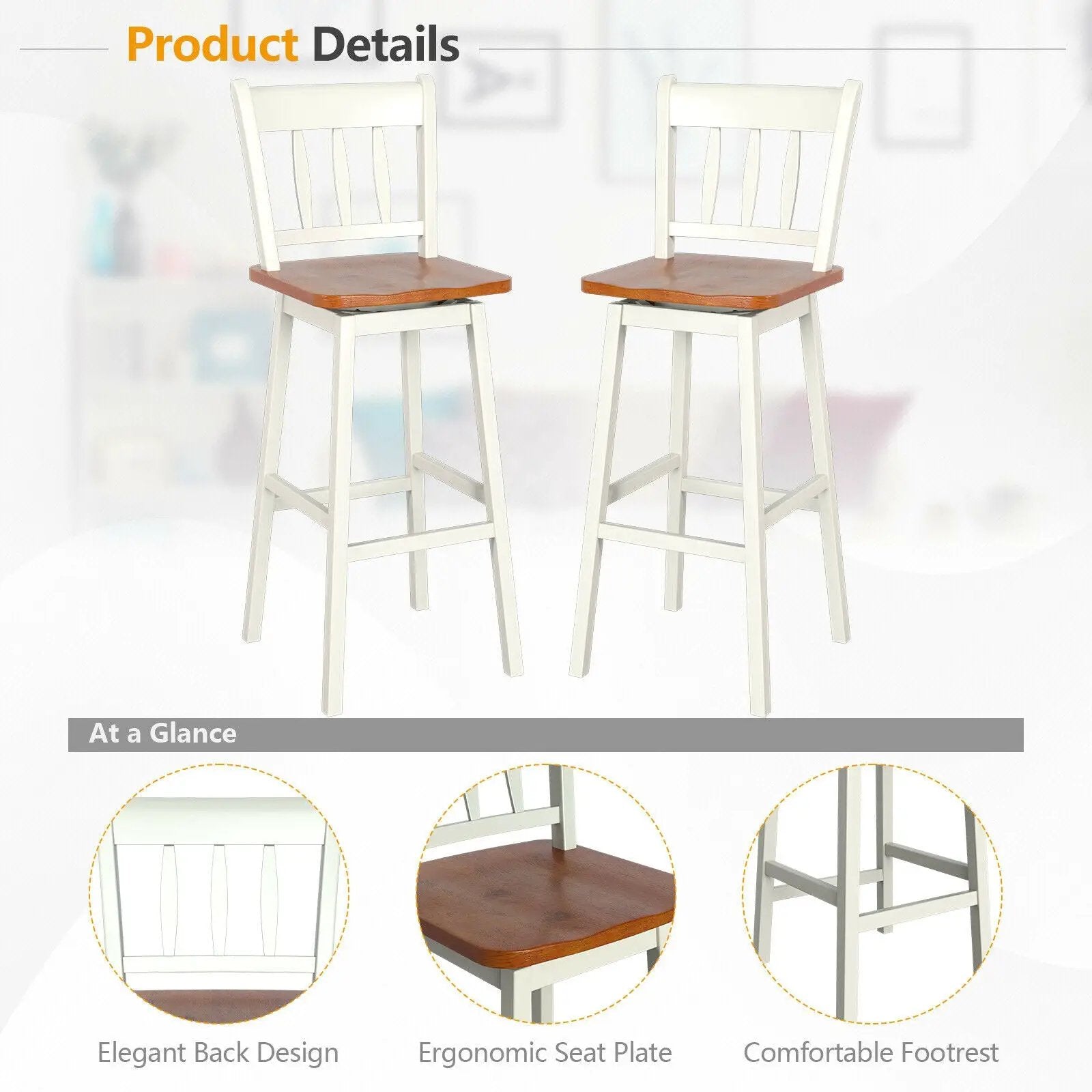 30.5 Inches Set of 2 Swivel Bar Stools with 360¬∞ Swiveling by DirectDeals