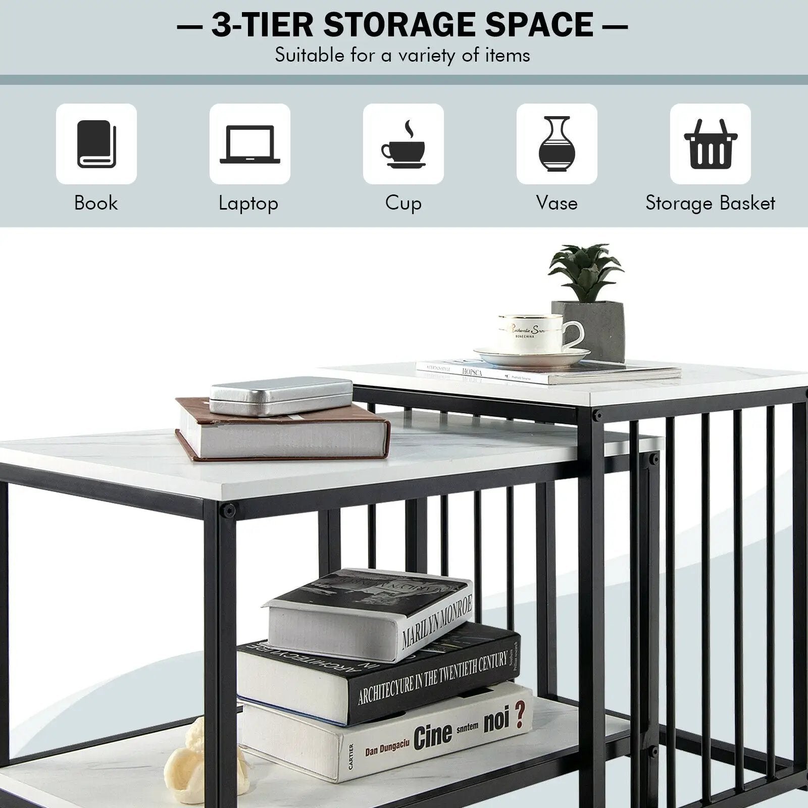Set of 2 Nesting End Tables with Storage Shelf-White by DirectDeals