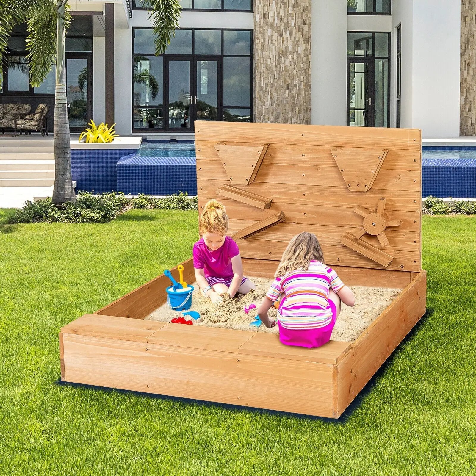 Kids Wooden Square Sandbox with Cover by DirectDeals