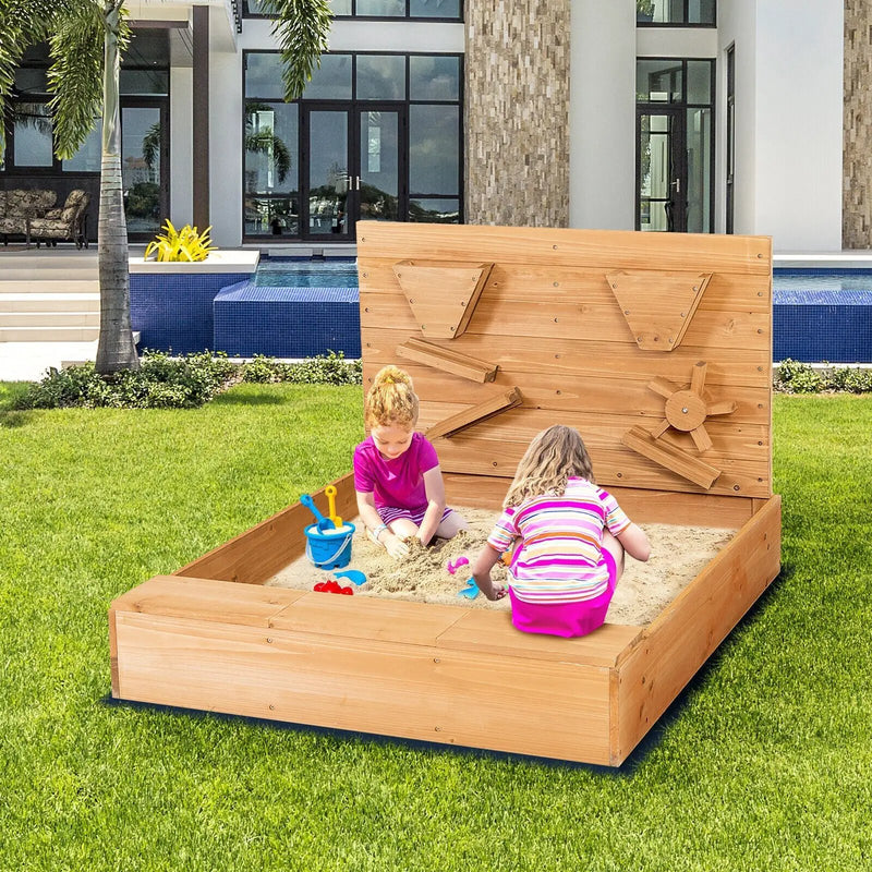 Kids Wooden Square Sandbox with Cover by DirectDeals