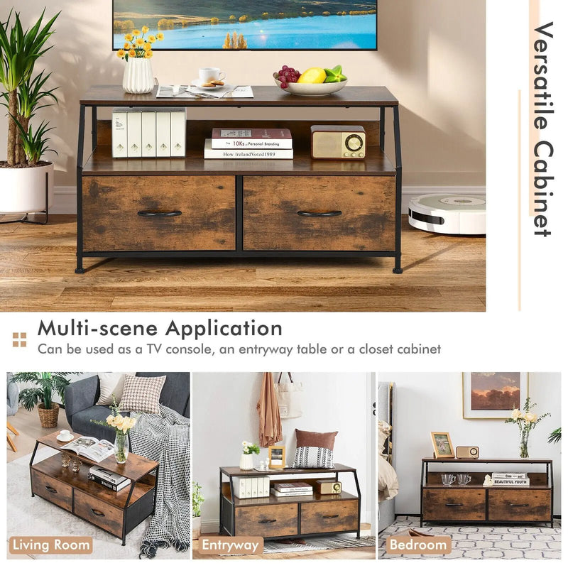 Dresser TV Stand with 2 Folding Fabric Drawers and Open Shelves-Rustic Brown by DirectDeals