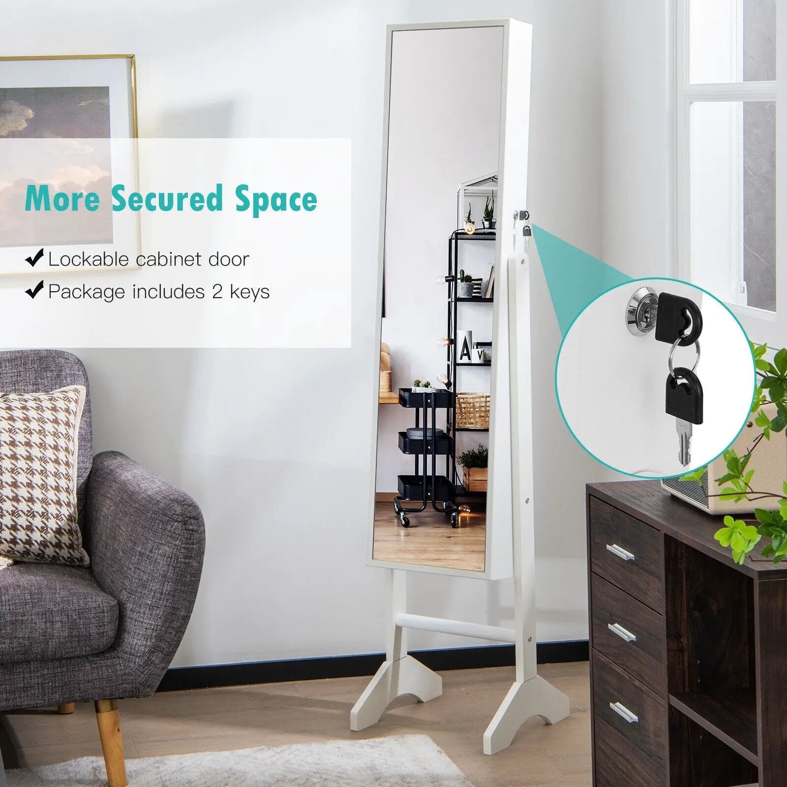 Free-Standing Jewelry Cabinet with Full-Length Mirror and Lockable Door by DirectDeals