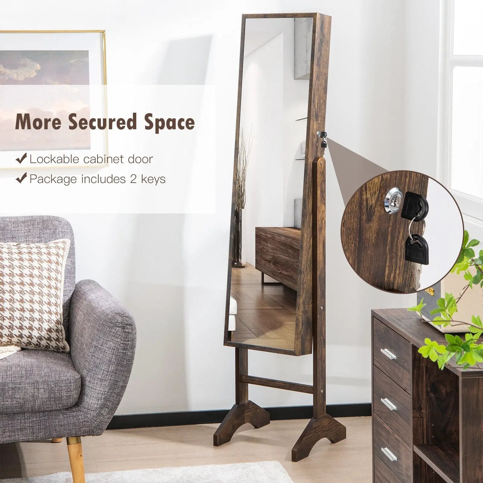 Free-Standing Jewelry Cabinet with Full-Length Mirror and Lockable Door by DirectDeals