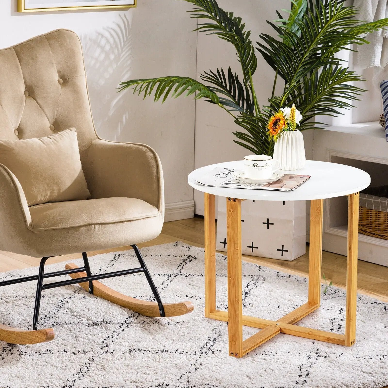 Multifunctional Round Side End Table with Bamboo Legs and X-Shaped Base by DirectDeals