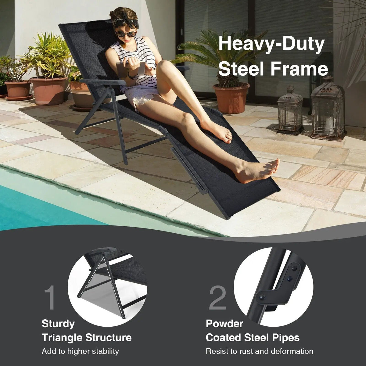 2 Pieces Foldable Chaise Lounge Chair with 2-Position Footrest by DirectDeals